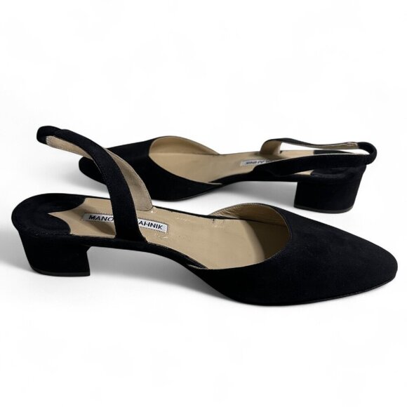 Manolo Blahnik Aspro Block Heel Slingback Suede Pump Black Sz EU 37 NWOT - Picture 1 of 11